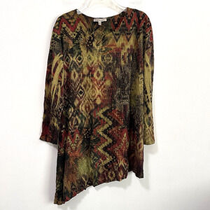 Jess & Jane 3/4 Sleeve Multi Color Top Tunic M Asymmetrical Hem Artsy Tapestry